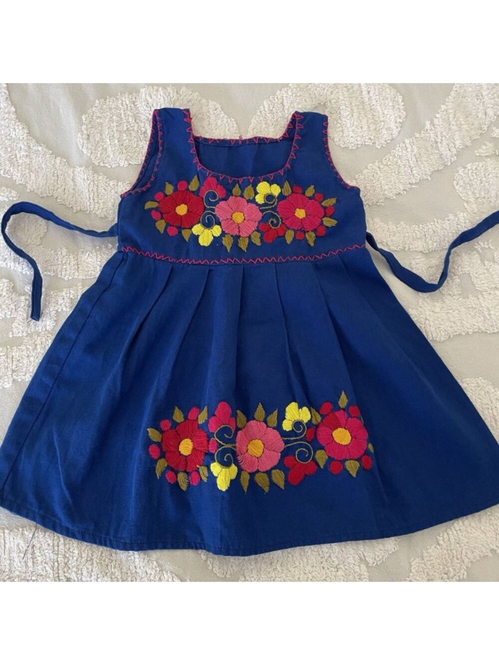 Girls Mexican Embroidered Sundress Sleeveless A-Line Blue Toddler Kids 2T